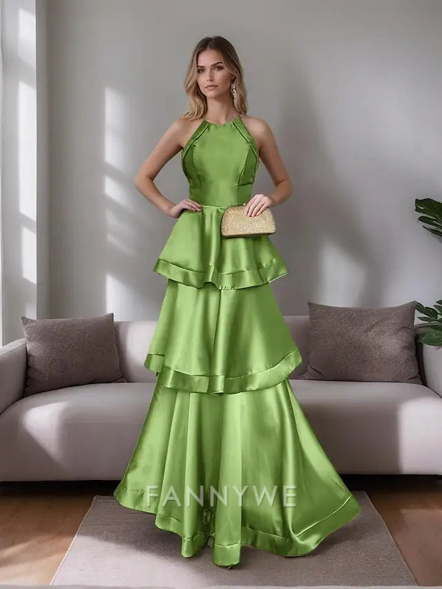 FannyWe Simple A-Line Evening Gown Elegant Tiered Dress Formal Wedding Floor Length Sleeveless Halter Neck Satin